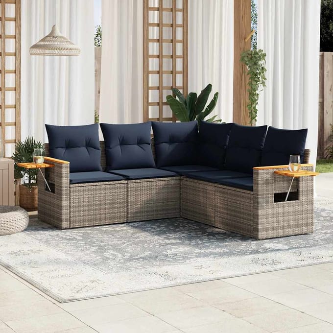 vidaXL - 5-delige - Loungeset - met - kussens - poly - rattan - grijs