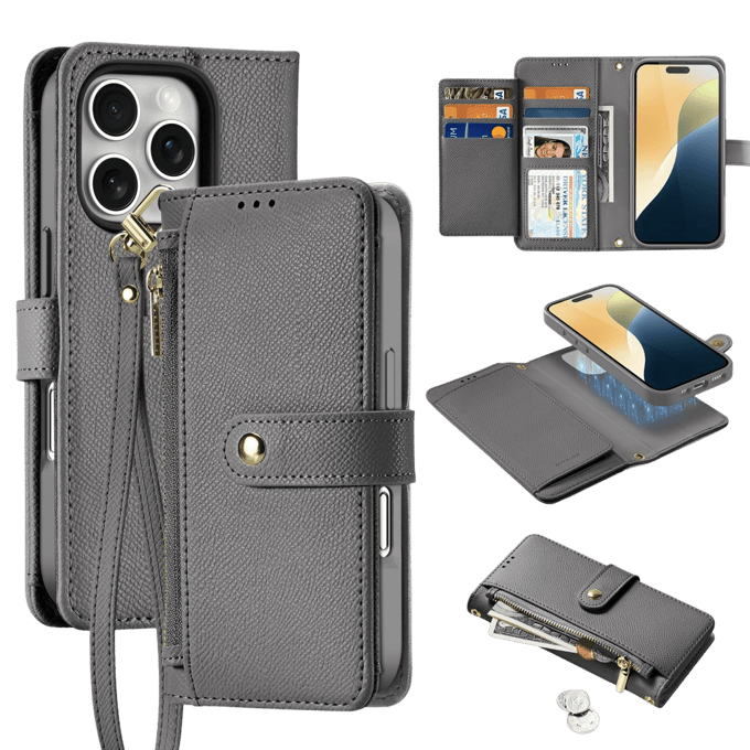 Dux Ducis Lava Leather Case for iPhone 16 Pro with Detachable Magnetic Wallet - Gray