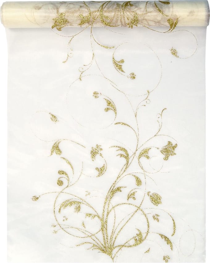 Organza met print goud - decoratief - 9 meter - lichtgewicht