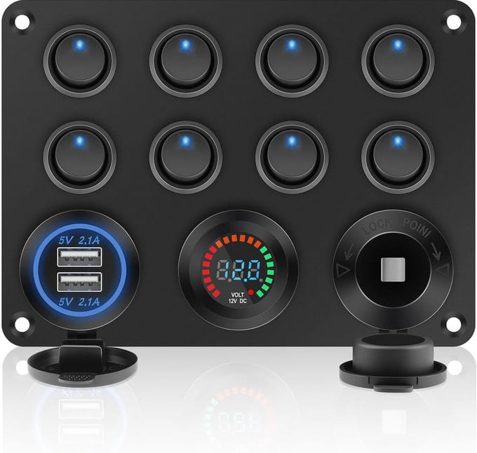 8-bands waterdicht schakelpaneel met USB-aansluiting en LED-voltmeter voor boot en auto