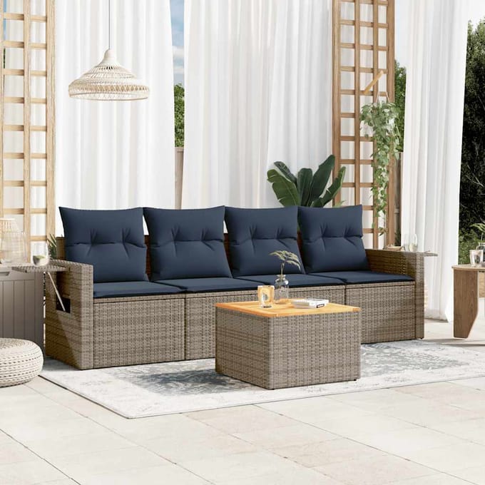 vidaXL - 5-delige - tuinbankset - met - kussens, - grijs - polyrotan