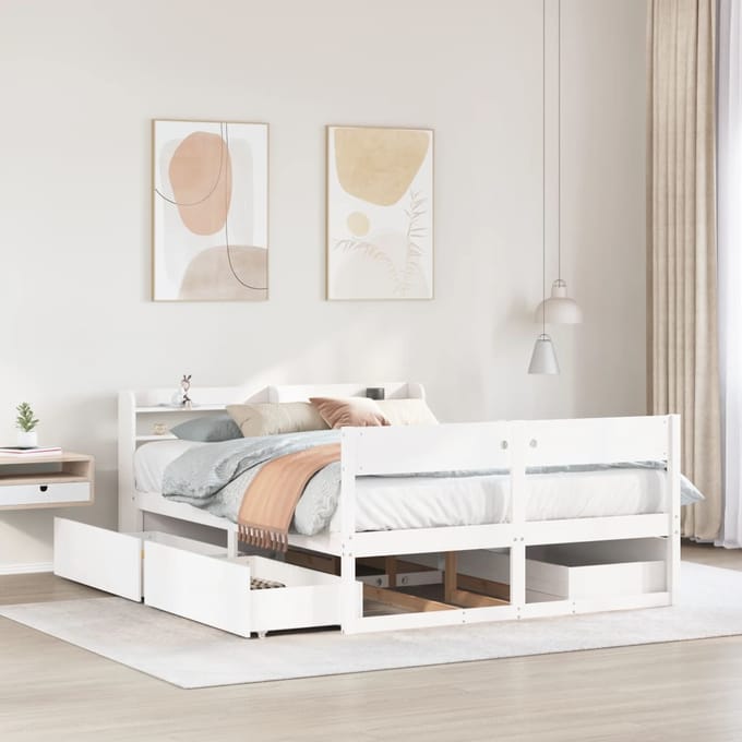 vidaXL - Bedframe - zonder - matras - massief - grenenhout - wit - 135x190 - cm