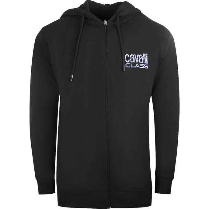 Cavalli Class gebloemd vet logo zwarte hoodie met rits