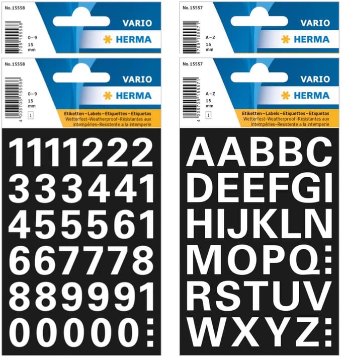 Herma stickervellen letters en cijfers - 4x vellen - wit - 15 mm - watervast