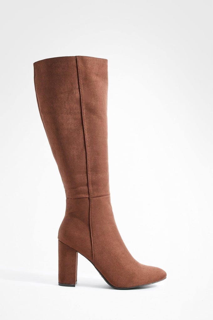 boohoo Dames Faux Suede Knee High Heeled Boots | Chocolate | Maat: 5