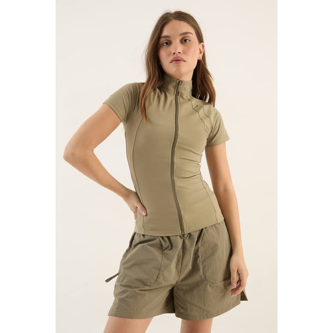 Dames Dsgn Studio Sculpt Doorritssluiting Top Met Korte Mouwen | Washed Khaki | Maat: Medium