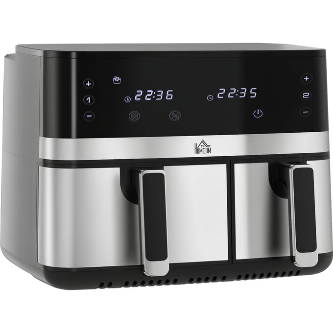 HOMCOM olievrije heteluchtfriteuse zone airfryer 8,5 L - 2700 W - 8 programma's, LED-touchscreen, regelbare temperatuur, timer, 2 antiaanbakmandjes, synchronisatiefunctie, recepten