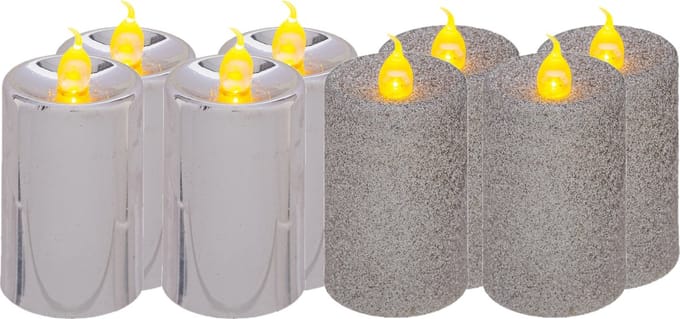Feeric lights and christmas Kaarsen - 8x stuks - zilver - LED - H7,5 cm - glans en glitterafwerking
