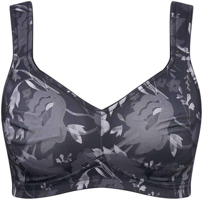 Ulla Popken - Dames - Microvezel-bh bloesems zonder beugel - Zwart - Maat 85D