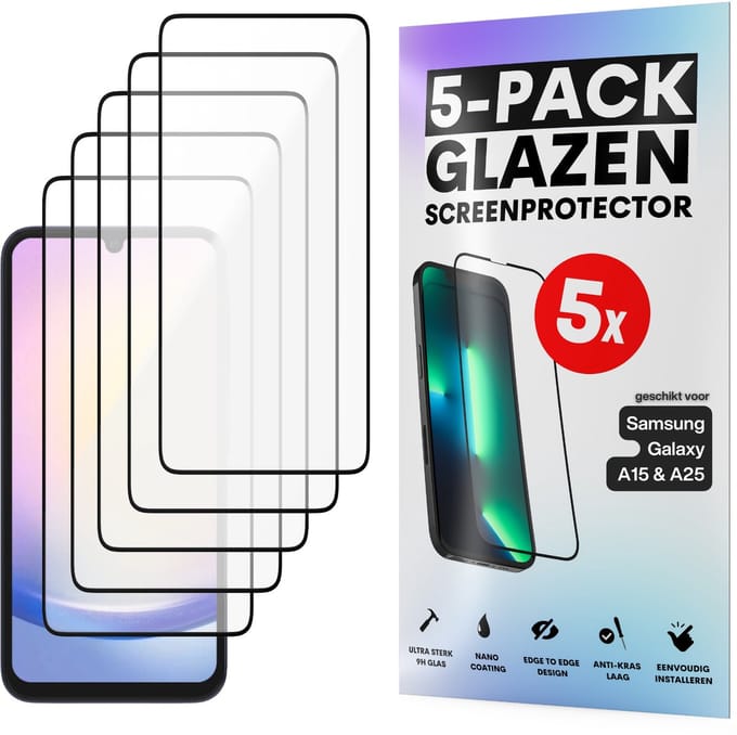 Screenprotector - Geschikt voor Samsung Galaxy A15 / A25 - Gehard Glas - Full Cover Tempered Glass - Case Friendly - 5 Pack
