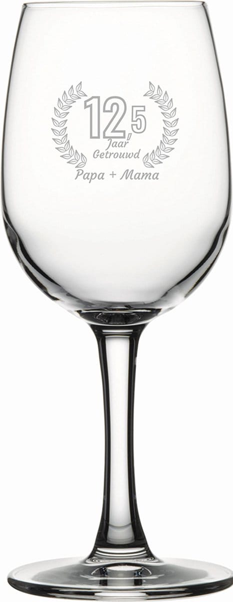 Gegraveerde witte wijnglas 26cl Papa + mama 12,5 jaar getrouwd