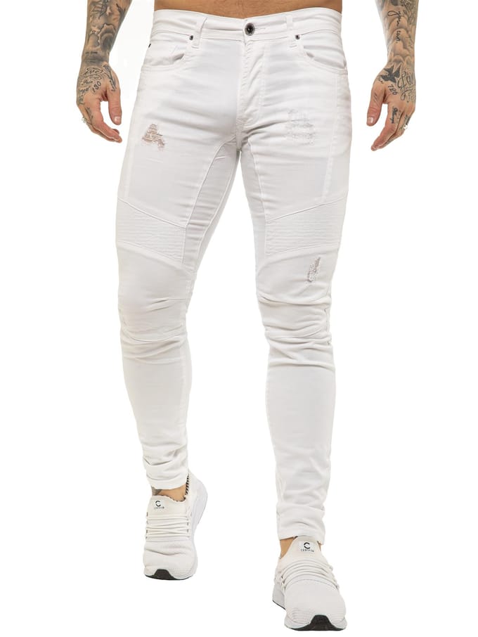 Enzo | Heren Skinny Stretch Biker Denim Jeans - Wit
