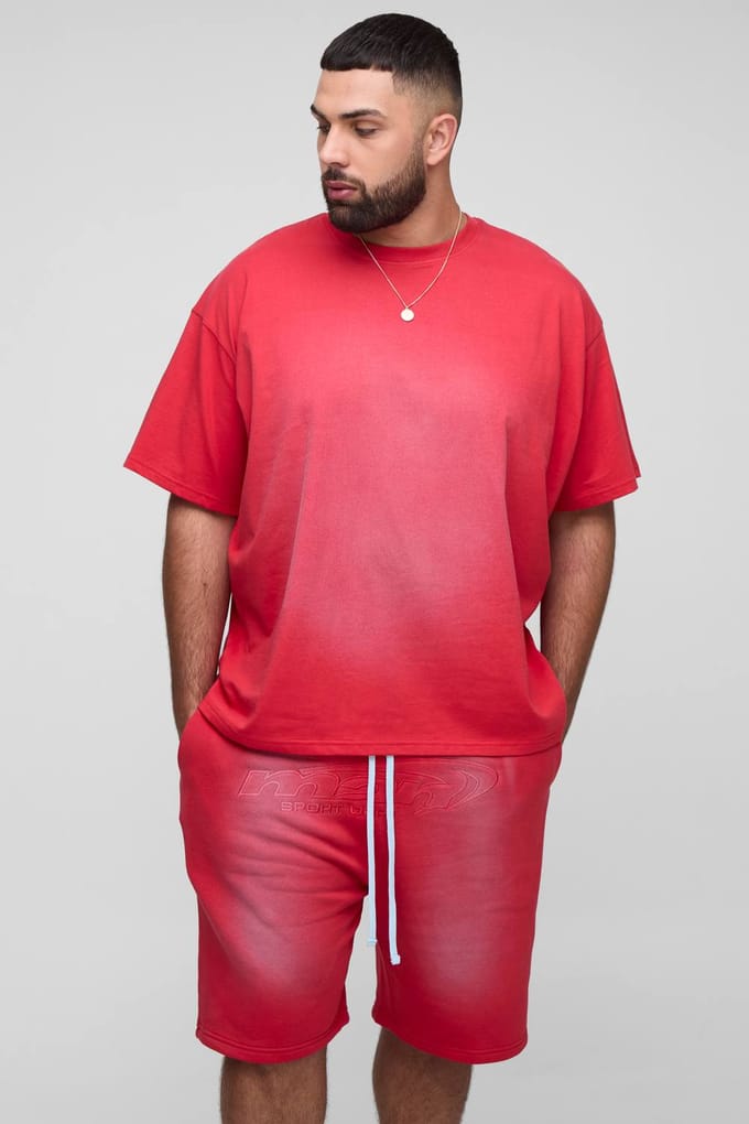 Plus OFCL Applique Spray Wash T-Shirt & Oversized Drop crotch Short Set | Red | Size 5XL
