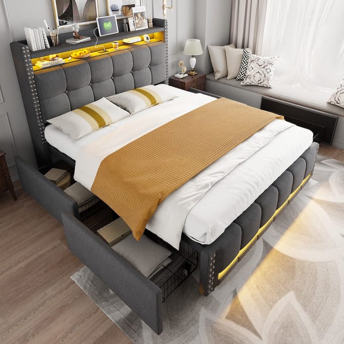 Sweiko Gestoffeerd bed - 140*200 cm - LED-verlichting - USB-poort - 4 laden - Grijs