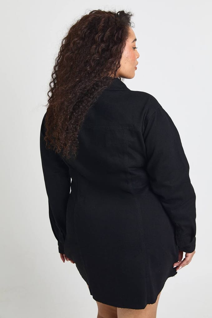 boohoo Dames Plus Denim Doorknoop Jurk | Black | Maat: 16