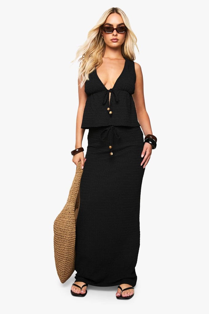 boohoo Dames Beaded Textured Tie Front Waistcoat | Black | Maat: 10