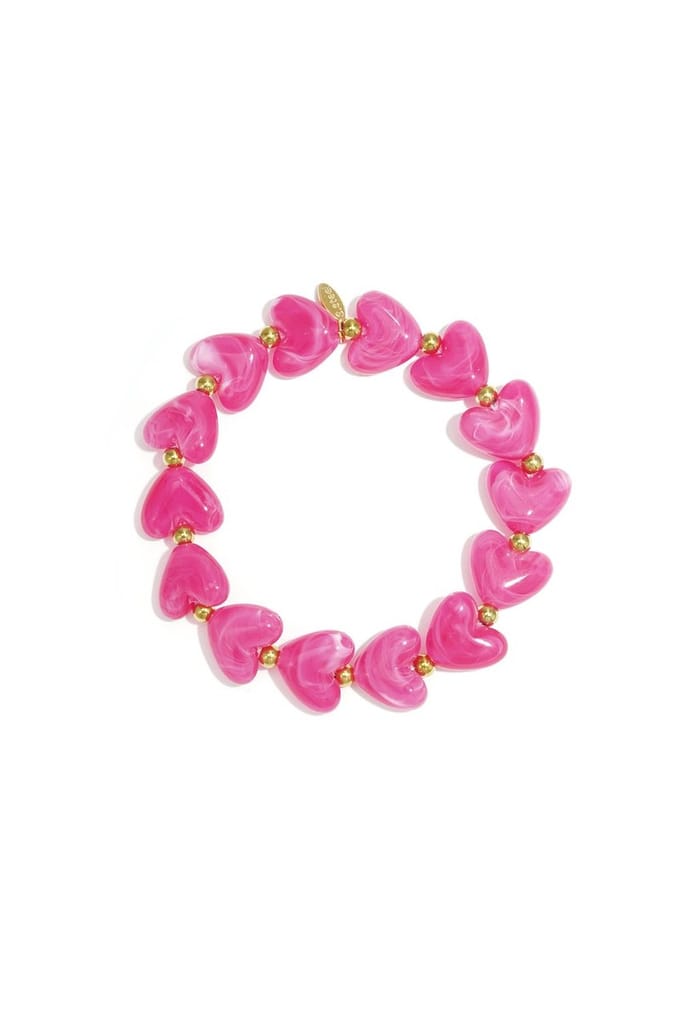 Felroze armband met hartjes – goudkleurige details – elastisch