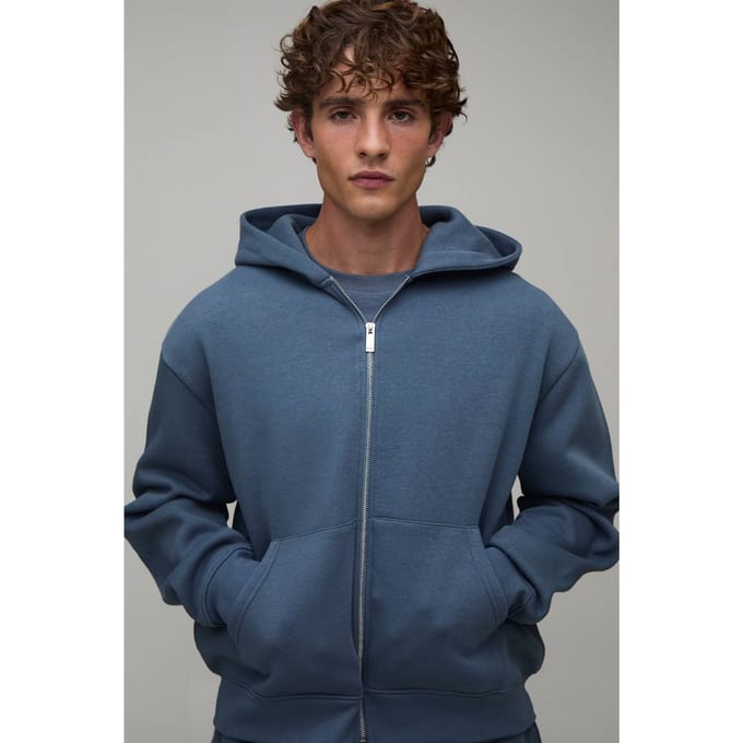 Essential Oversized Boxy Zip Through Hoodie | Vintage Blue | Size Medium