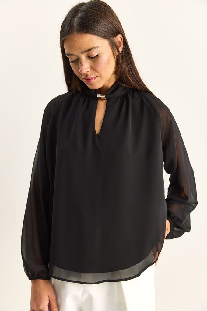 Mandarijnkraag Chiffon Blouse met Steenaccessoire