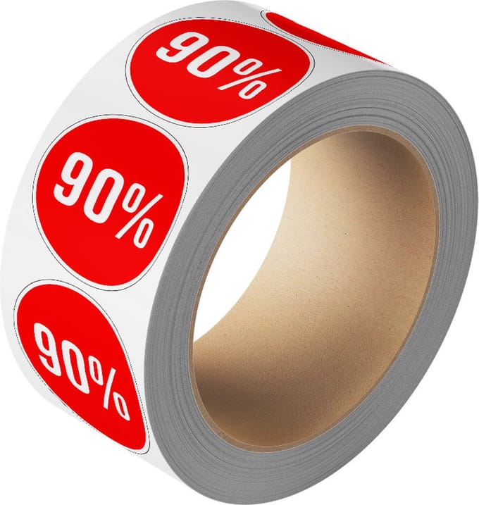 Korting sticker 90% op rol 40 mm - 580 per rol