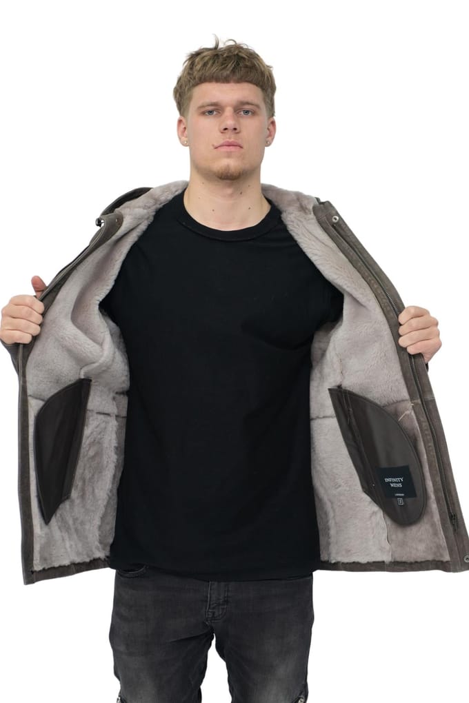 Heren schapenvacht parka jas met capuchon-Alafaya