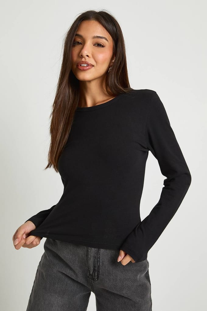 boohoo Dames Basic Langmouw Getailleerde Top | Zwart | Maat: 42