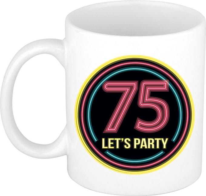 Bellatio Decorations Verjaardag mok / beker - Lets party 75 jaar - neon - 300 ml