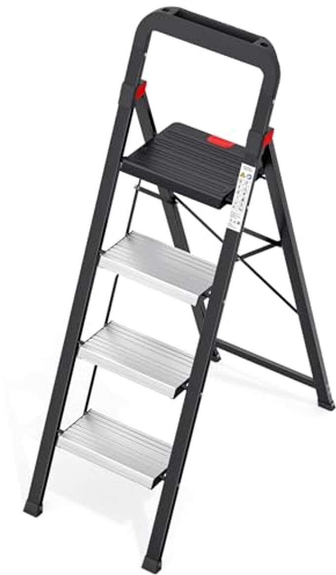 Inklapbare aluminium trapladder met leuning - 4 treden, antislip en klapbeveiliging