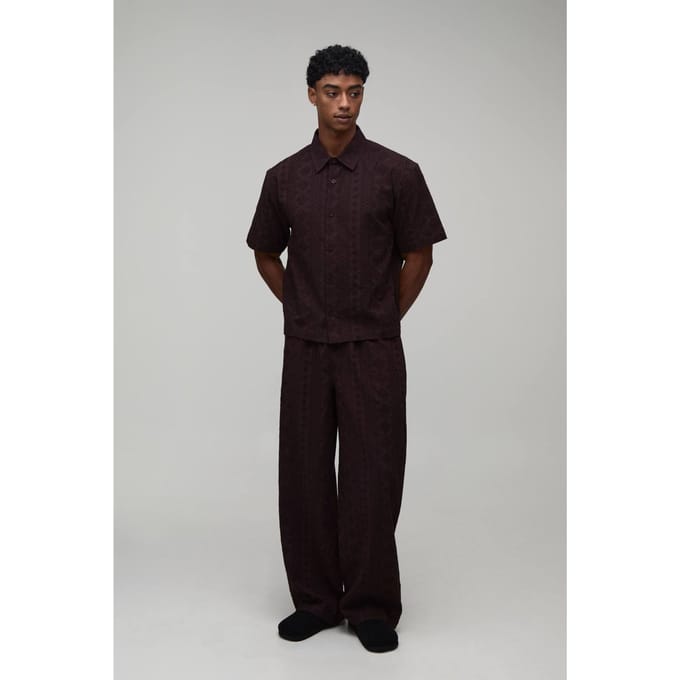 Cotton Embroidered Oversized Boxy Shirt & Extended Drawcord Baggy Trouser Set | Chocolate | Size Medium