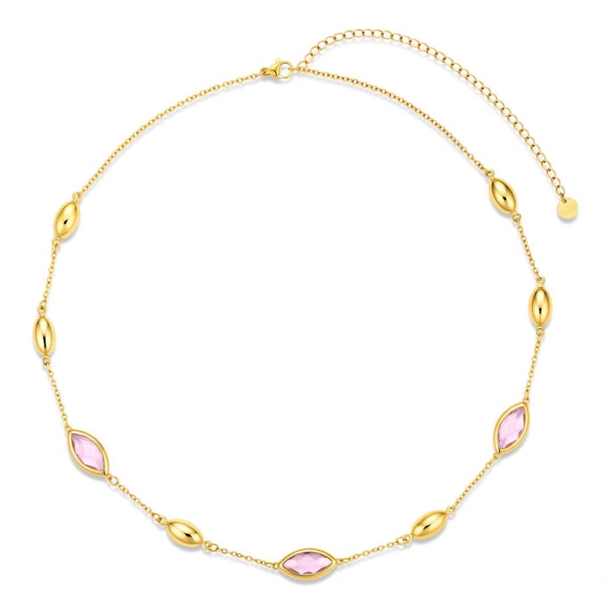 CO88 Collection - 8CN-26505 - Dames Ketting Roze Glasstenen - Stainless Steel - Cadeau