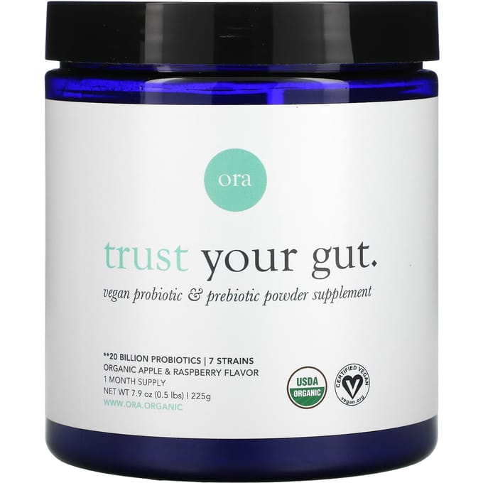 Ora, Faites confiance à votre instinct, Complément de poudre probiotique et prébiotique végan, Pomme et framboise biologiques, 7,9 oz (225g)
