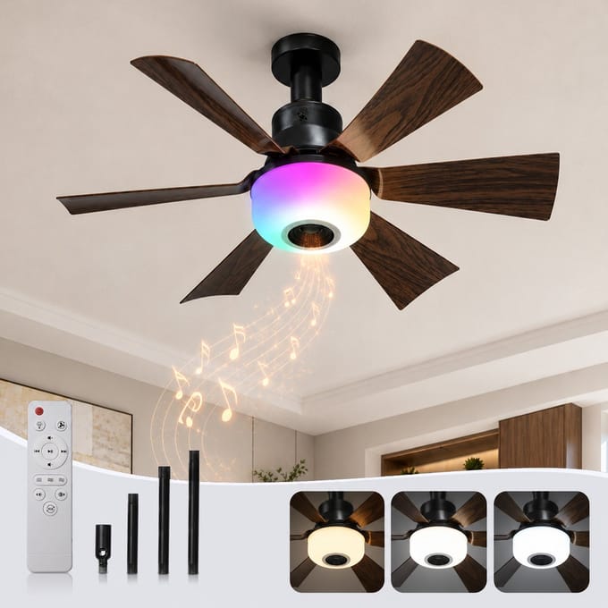 Rosnek E27 Plafondventilator met Lamp - Socket Fan met Bluetooth Speaker - RGB LED Plafondlamp - Afstandsbediening - 3 Snelheden - Verstelbare Hoogte - Kantelbare Ventilator - Ø52 cm