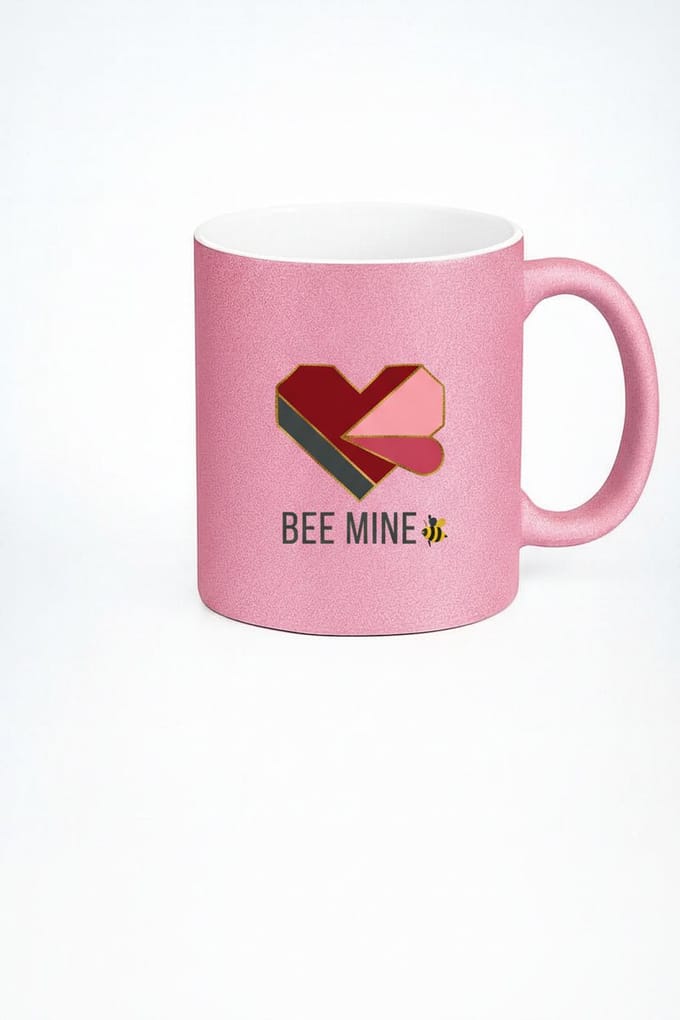 Glitter Roze 'Bee Mine' Mok met Geometrisch Hart & Bij - Valentijn Liefdes Cadeau