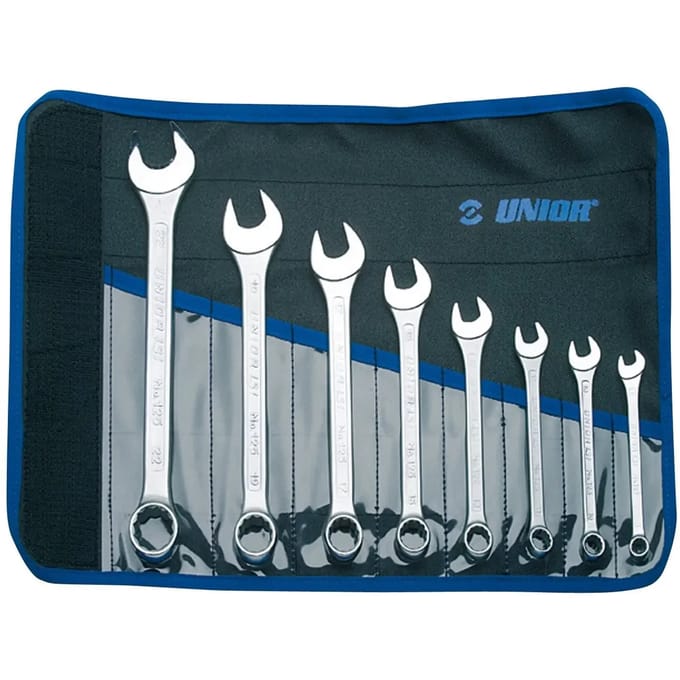 Korte gebogen platte combinatiesleutels met deksel Unior (x8)