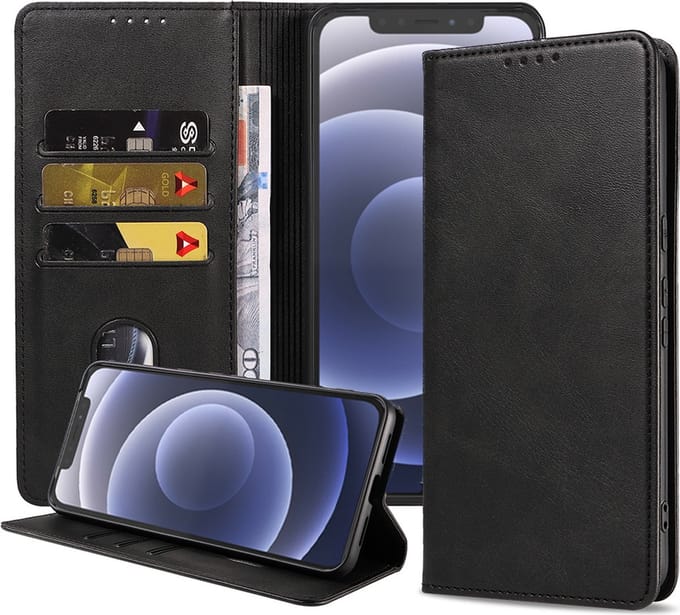 Smartphonica iPhone 12/12 Pro leren hoesje met magnetische sluiting - Zwart geschikt voor iPhone 12;iPhone 12 Pro