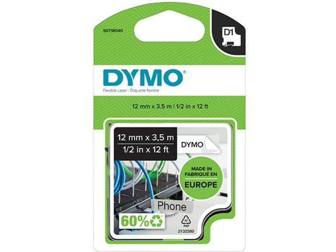 DYMO D1 Flexible Nylon Labels 12mm x 3.5m Roll Zwart Print on Wit Self-Adhesive Labels for LabelManager Label Printers Authentic
