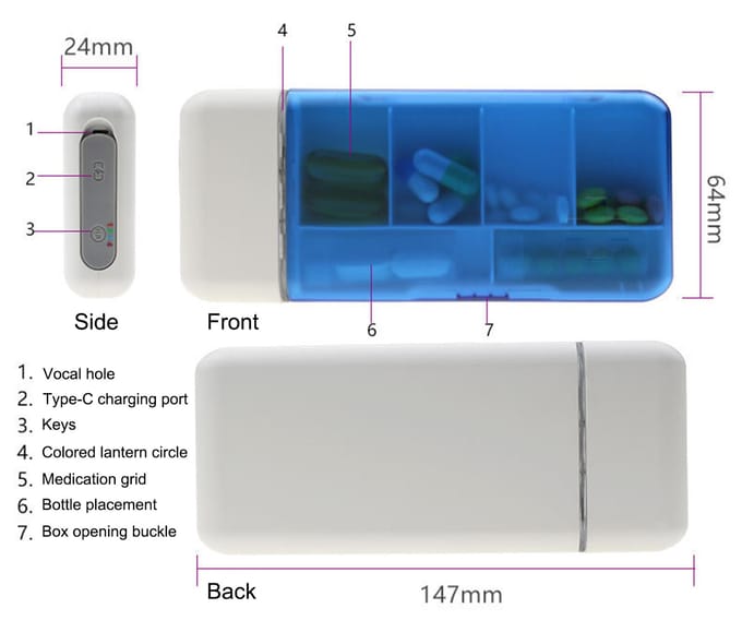 Mini boîte à pilules Portable avec rappels de minuterie, organisateur de pilules à 6 compartiments, distributeur de pilules intelligent avec gris