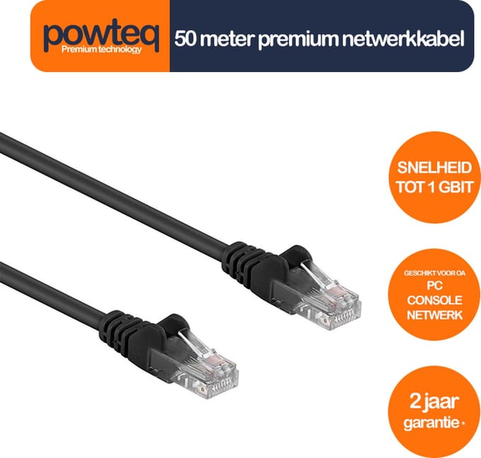 Premium netwerkkabel / internetkabel | 50 meter | Zwart | RJ45-RJ45 | Cat 5e