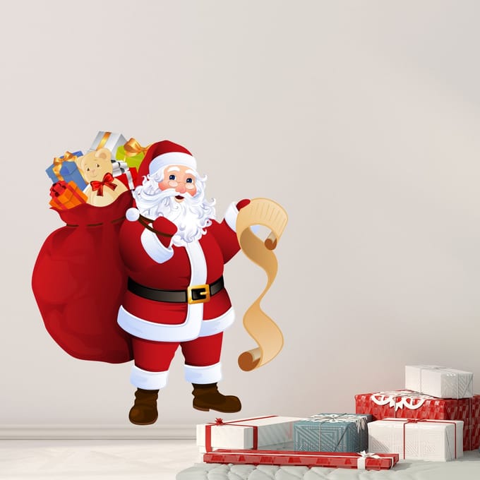 Kerststicker: De Kerstman en zijn cadeaulijst - Kerststickers - feestversiering - 70x60cm