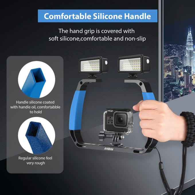 Andoer Sportcamera Onderwater Duikrig Handheld Stabilisator voor Actiecamera Kooi Duikrig met Cold Shoe Mounts blauw