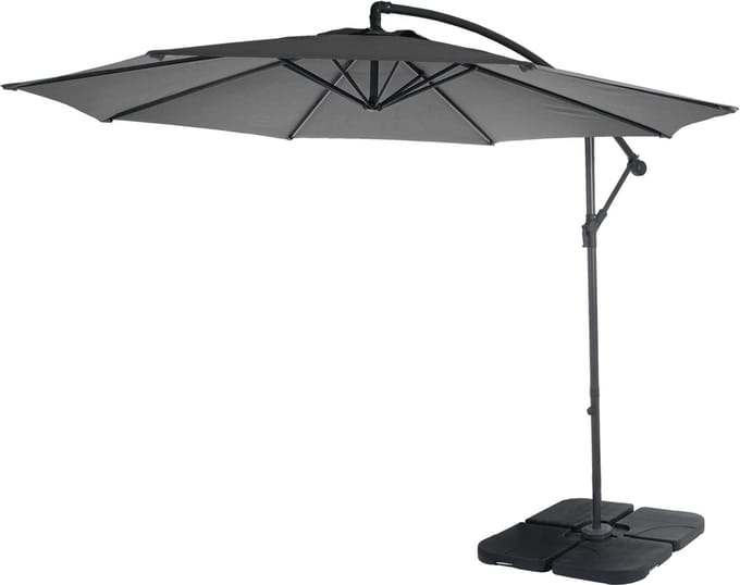 Zweefparasol Acerra, parasol zonwering, Ø 3 m kantelbaar, polyester/staal 11 kg ~ grijs met standaard