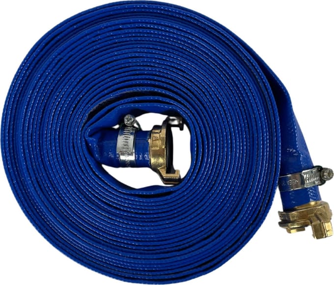 Deltaline plat oprolbare slang 3 bar, 32 mm, 10 meter met 2 geka koppelingen gemonteerd