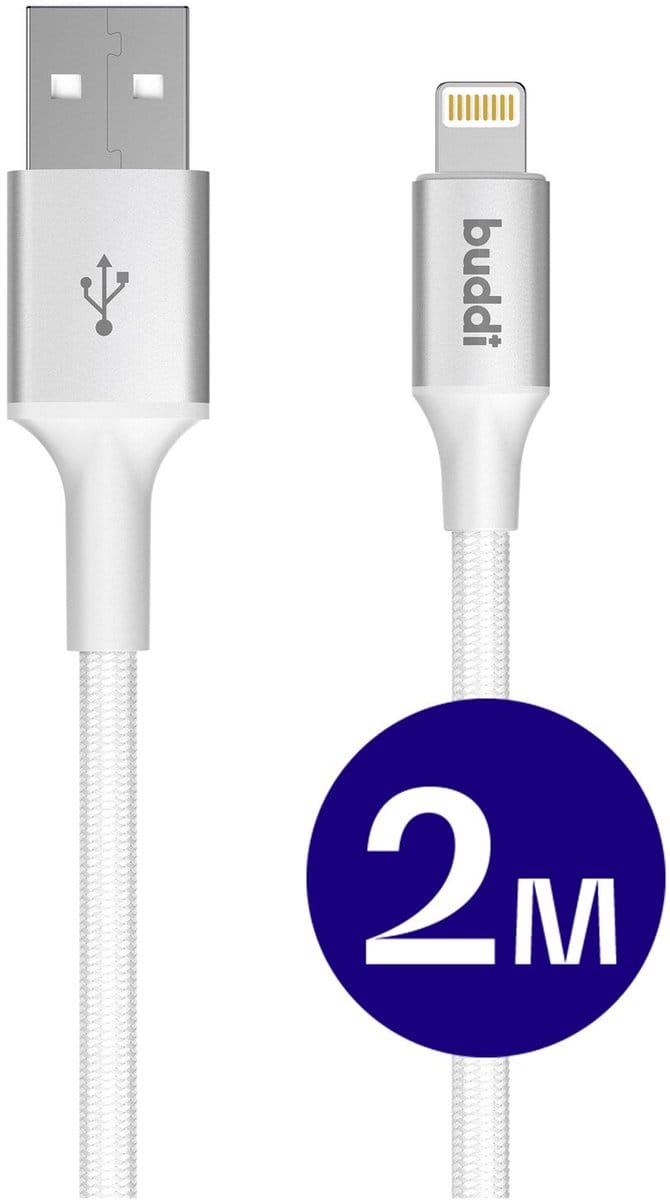 Buddi Flex | USB-A naar Lightning Kabel 12W Fast Charge | 480Mbps Dataoverdracht | Gevlochten Nylon | 2M | 2 Meter | Wit