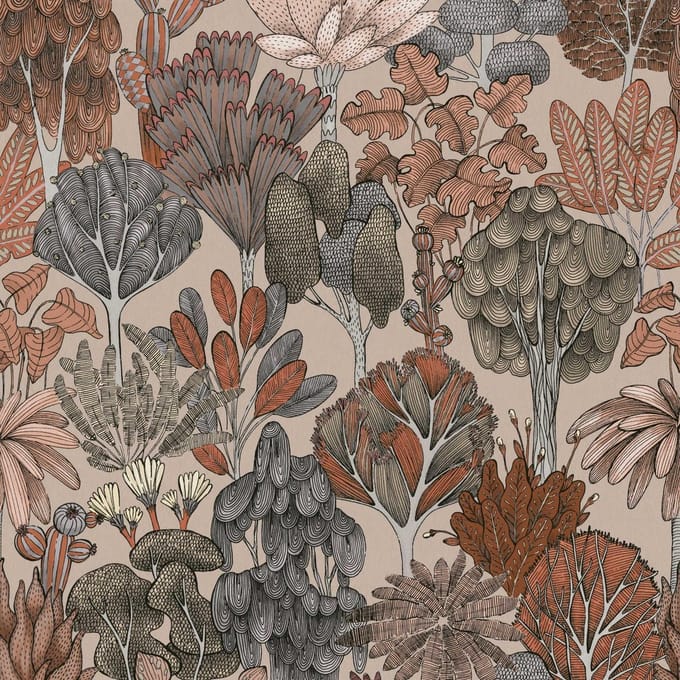 DOODLE DESIGN BOMEN BEHANG | Retro - beige grijs oranje - "Architects Paper" A.S. Création Floral Impression