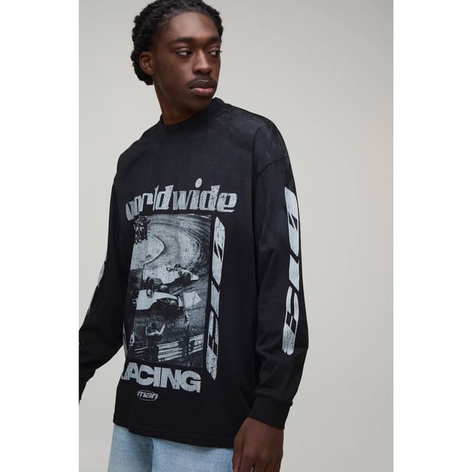Zwart Oversized Moto Print Spray Wash Longmouw T-shirt | Black | Size Medium