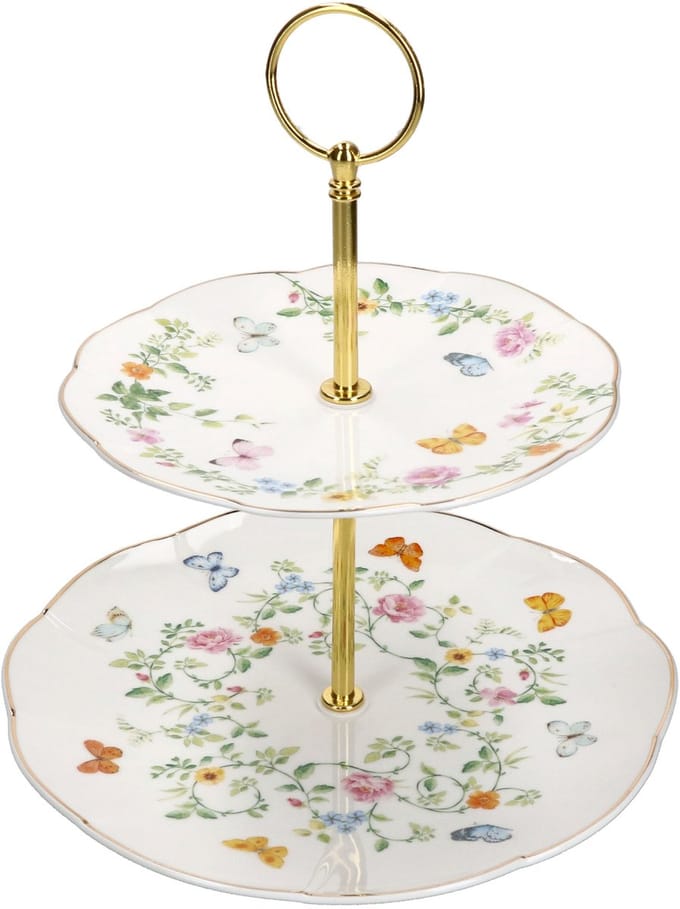 DANCING BUTTERFLIES Etagère 2-laags van porselein & metaal – R3129#DANB