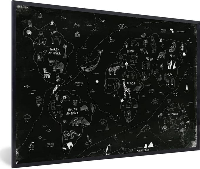 Wereldkaart - Kinderen - Zwart - Wit - Schoolplaat - Kinderkamer - 120x80 cm