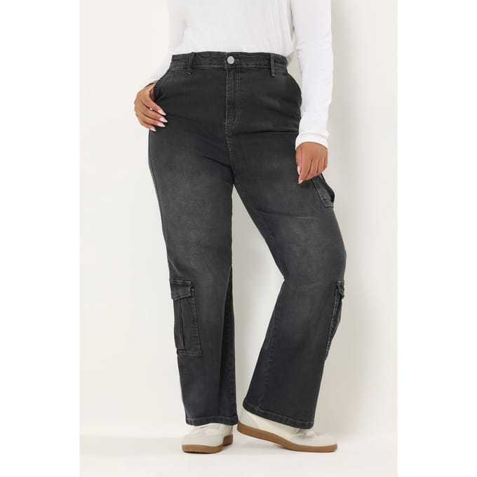 Yours Zwarte Cargo Jeans Met Wassend Effect Size 48