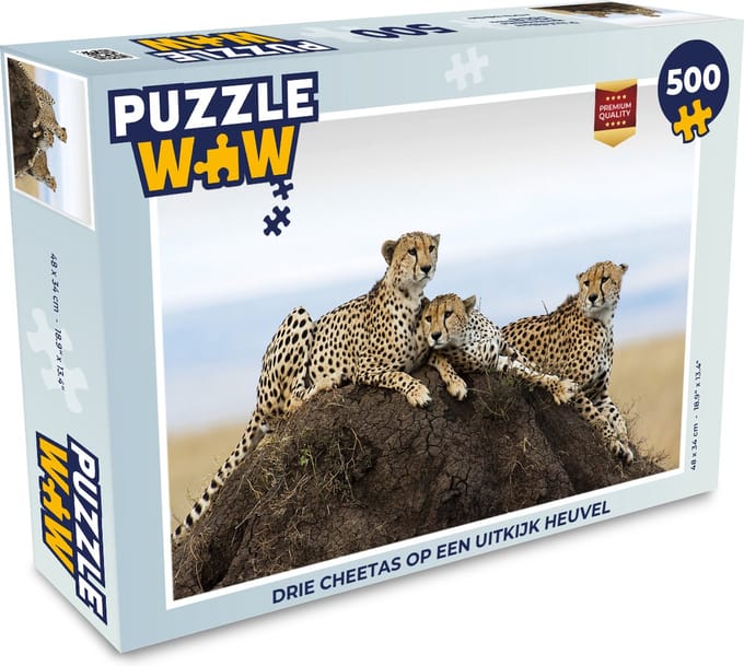 Puzzel Drie cheetas op een uitkijk heuvel - Legpuzzel - Puzzel 500 stukjes