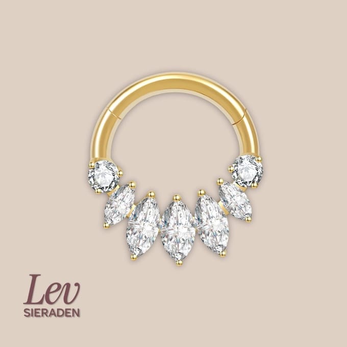 Lev Sieraden - Titanium premium neus ring - 7 steen marquise en brilliant segment ring - 1.2x8mm - Goud - segment ring - neuspiercing - tragus piercing - Oorpiercing